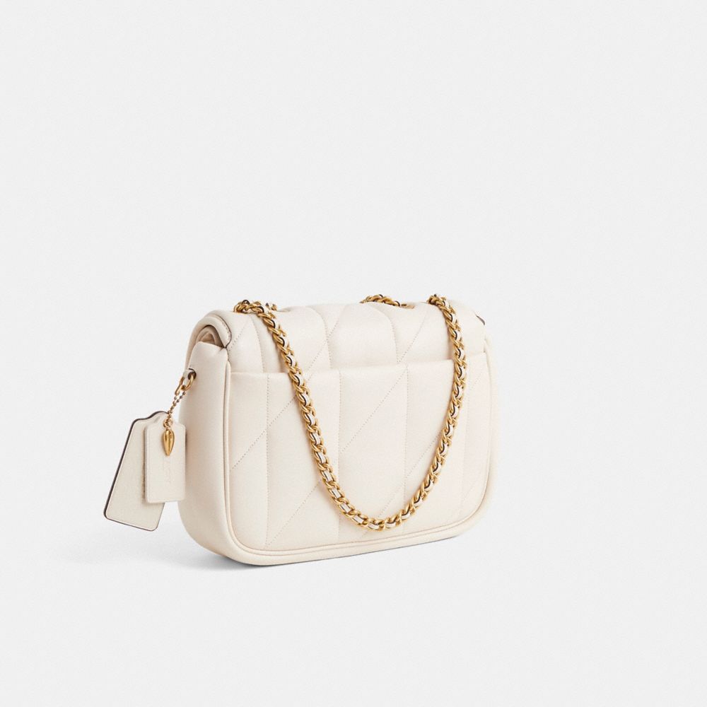 COACH®,Upcrafted Pillow Madison Shoulder Bag,Shoulder Bag,Logo,Studded,Chain Detail,Sustainable,Lined,Brass,Day Party,Cream,Angle View