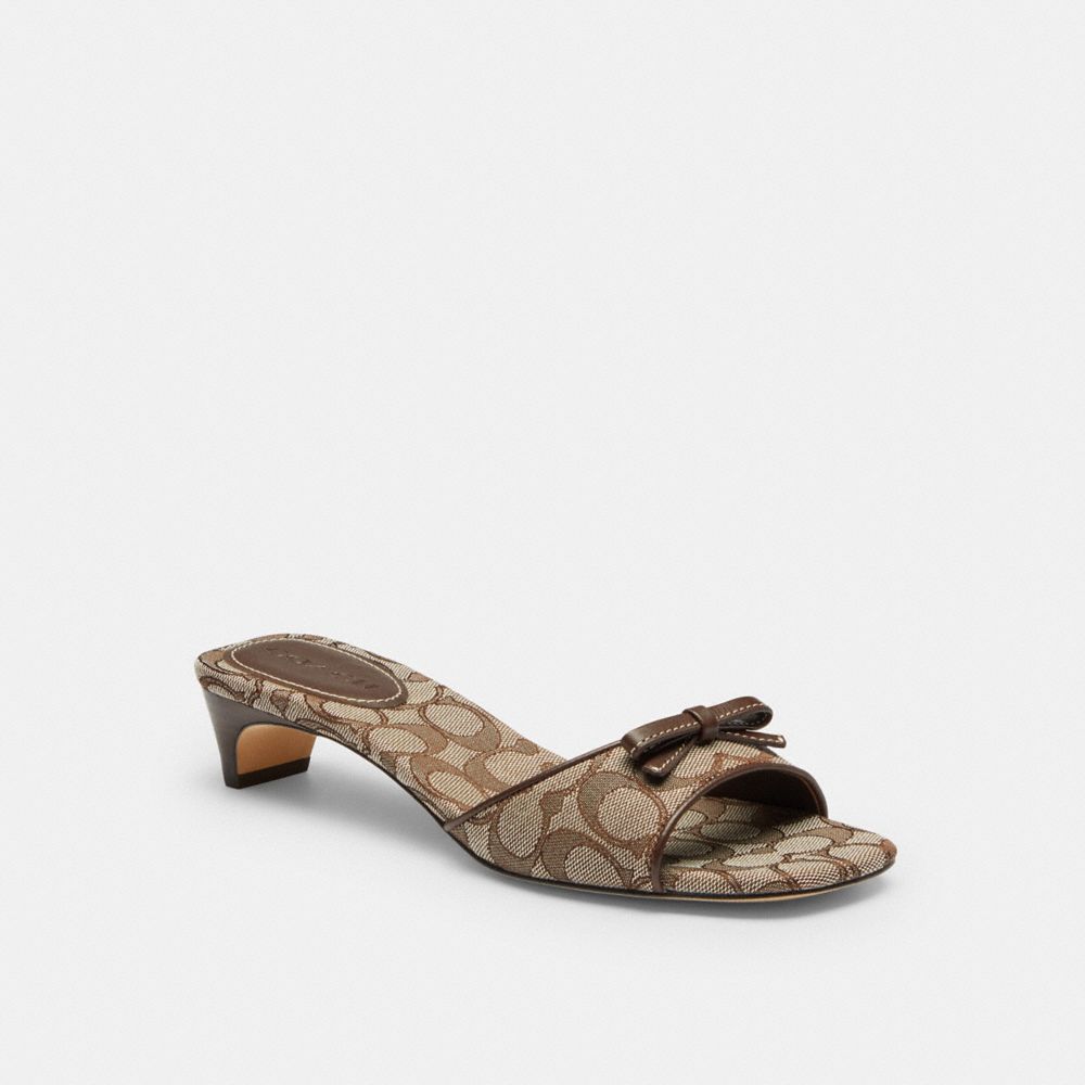COACH®,Bow Kitten Heel Sandal In Signature Jacquard,Rubber,Polyester,Faux Leather,Cotton,Lining Leather,Lining Recycled Po...,Brown,Front View