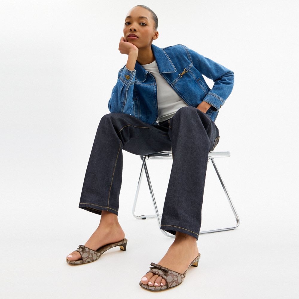 COACH®,Bow Kitten Heel Sandal In Signature Jacquard,Rubber,Polyester,Faux Leather,Cotton,Lining Leather,Lining Recycled Po...,Brown,Detail View