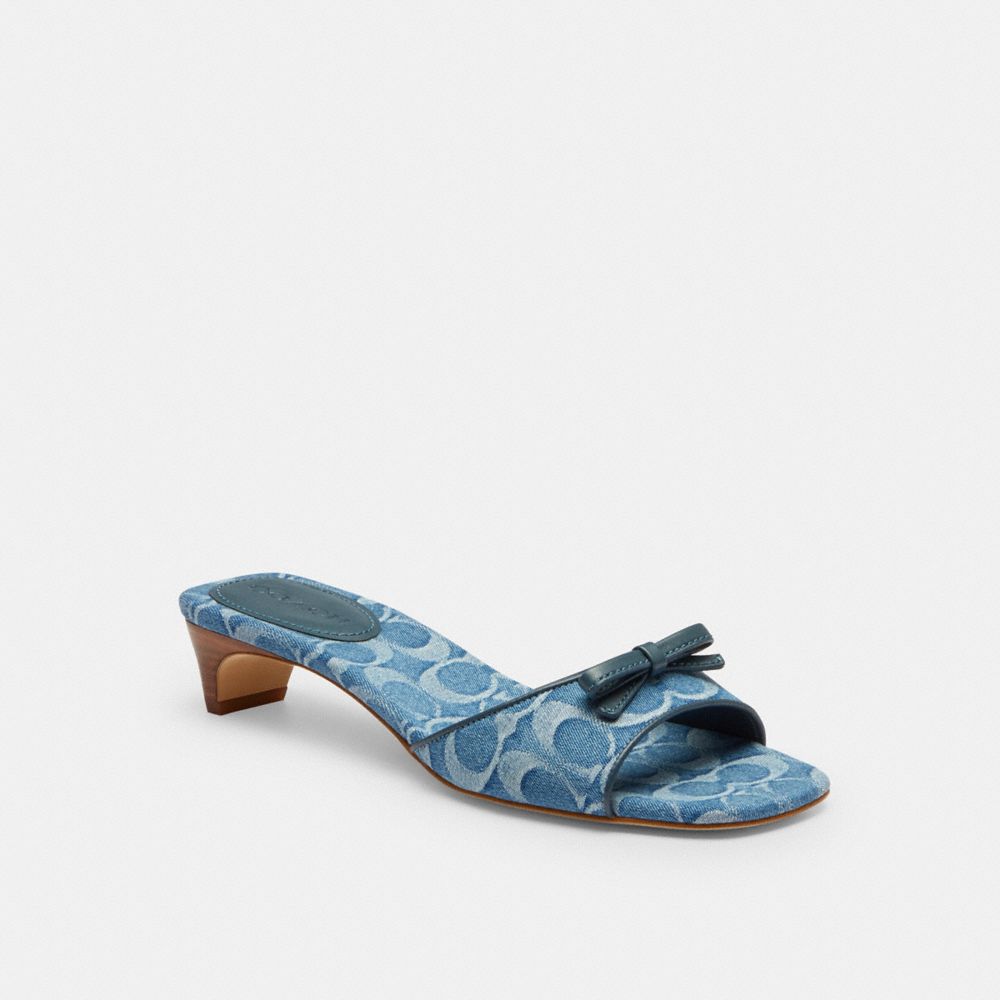 COACH®,Bow Kitten Heel Sandal In Signature Denim,Rubber,Leather,Cotton,Slides,Logo,Bow,Day Party,Blue,Front View