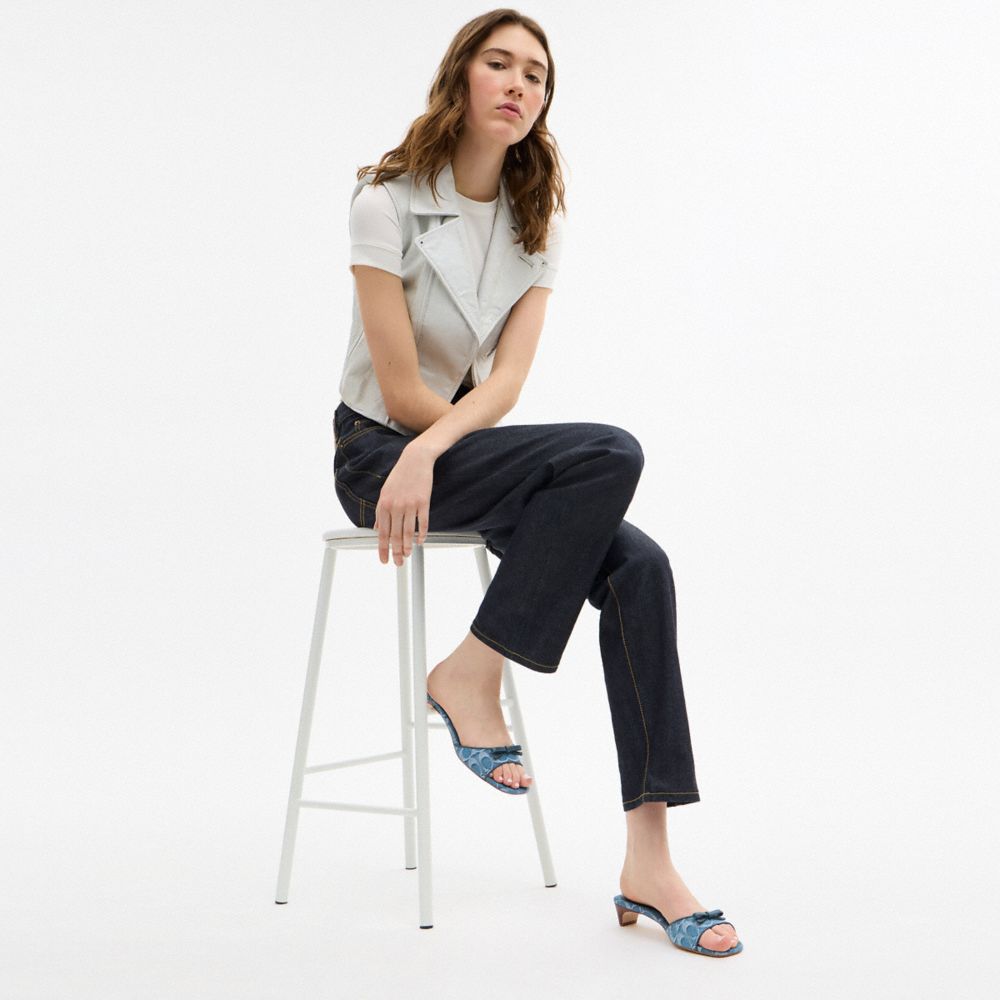 COACH®,Bow Kitten Heel Sandal In Signature Denim,Rubber,Leather,Cotton,Slides,Logo,Bow,Day Party,Blue,Detail View