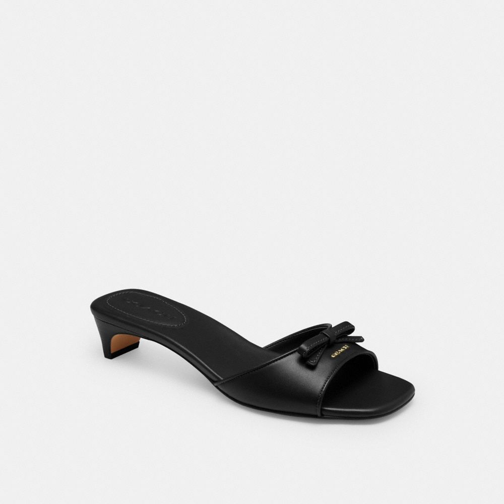 COACH®,Bow Kitten Heel Sandal,Leather,Rubber,Slides,Bow,Day Party,Black,Front View