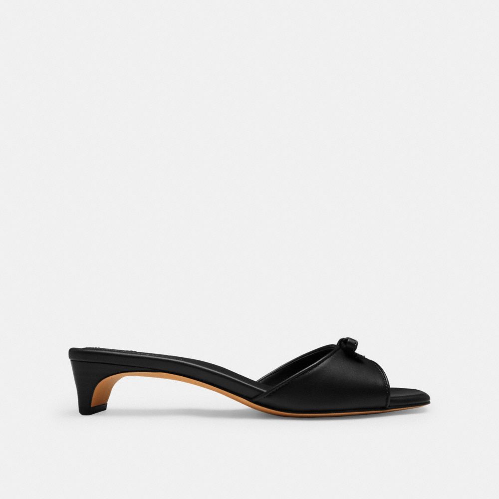 COACH®,Bow Kitten Heel Sandal,Leather,Rubber,Slides,Bow,Day Party,Black,Angle View