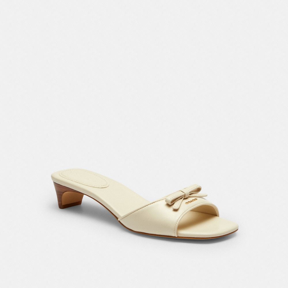 COACH®,Bow Kitten Heel Sandal,Leather,Rubber,Slides,Bow,Day Party,Cream,Front View