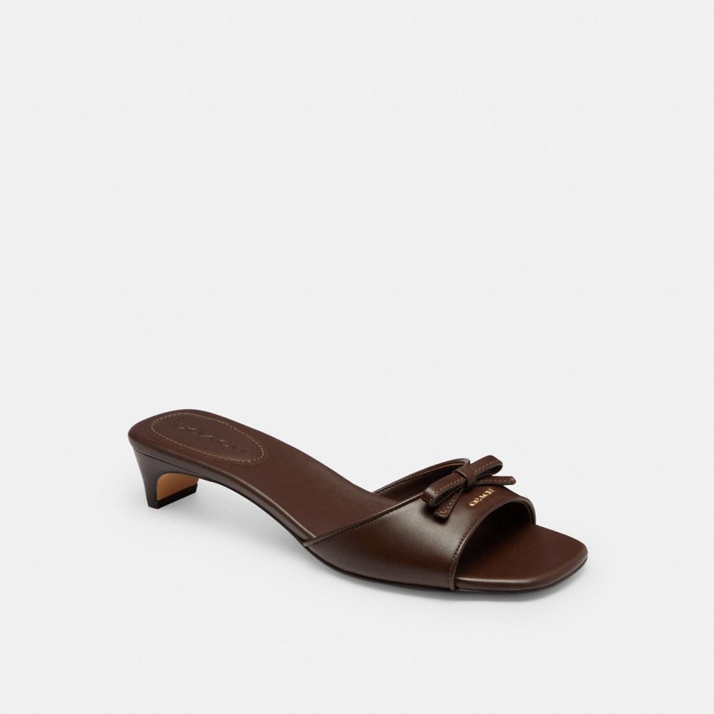 COACH®,Bow Kitten Heel Sandal,Leather,Rubber,Slides,Bow,Day Party,Brown,Front View