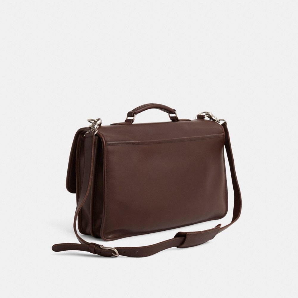 COACH®,Vintage Trader Brief,Leather,Briefcase,Adjustable,Sustainable,Durable Fabric,Silver Metal,Work,Brown,Angle View