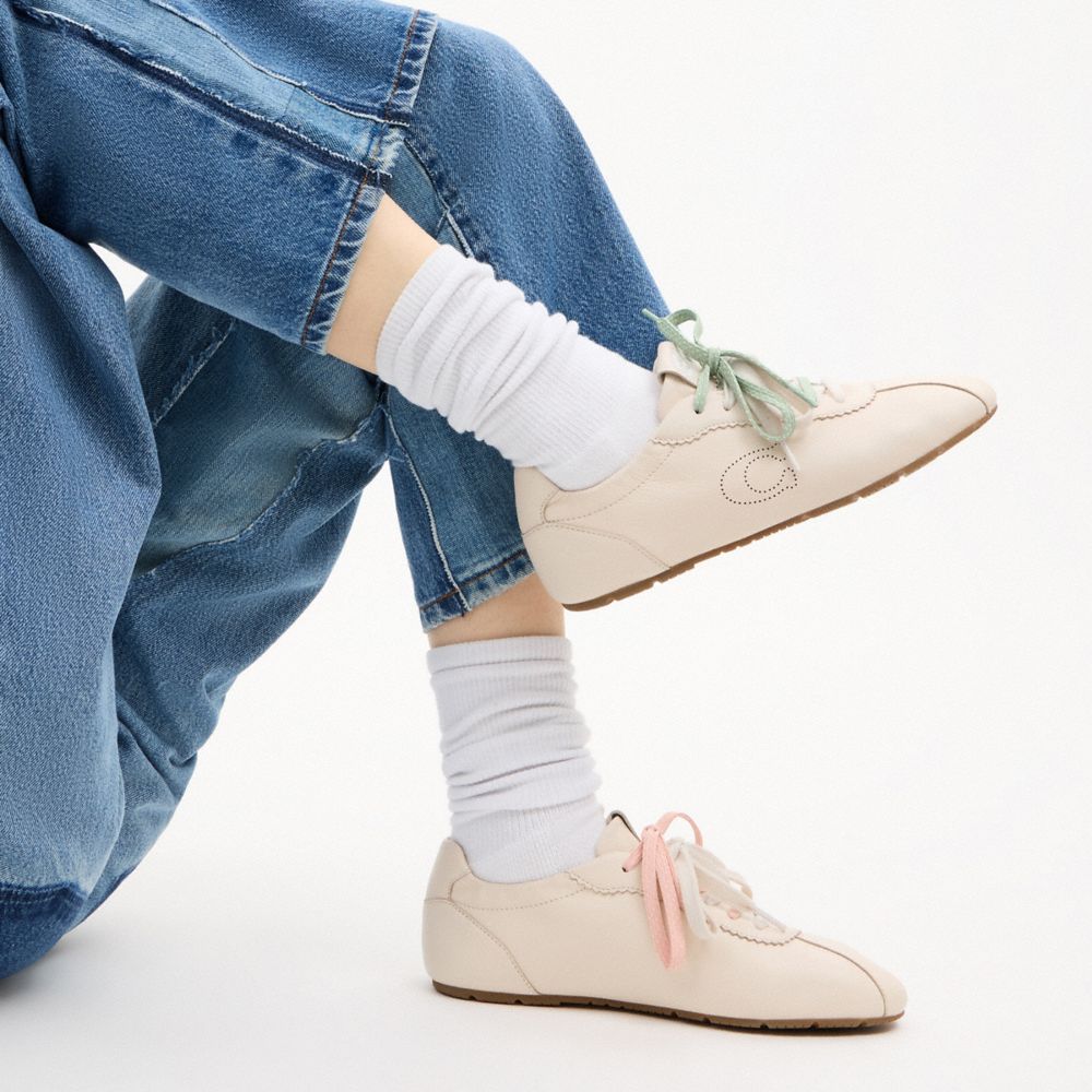 COACH®,Soft Sneaker,Rubber,Faux Leather,Casual,Fabric,Perforated,Logo,Pull Tab,Flexible,Casual,Cream,Detail View