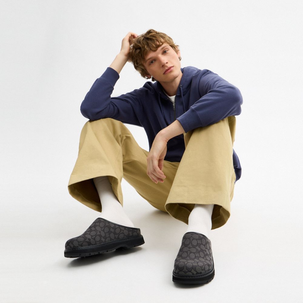 COACH®,Sport Clog In Signature Jacquard,Leather,Recycled Polyester,Rubber,Clogs,Mules,Logo,Sustainable,Casual,Gray,Detail View