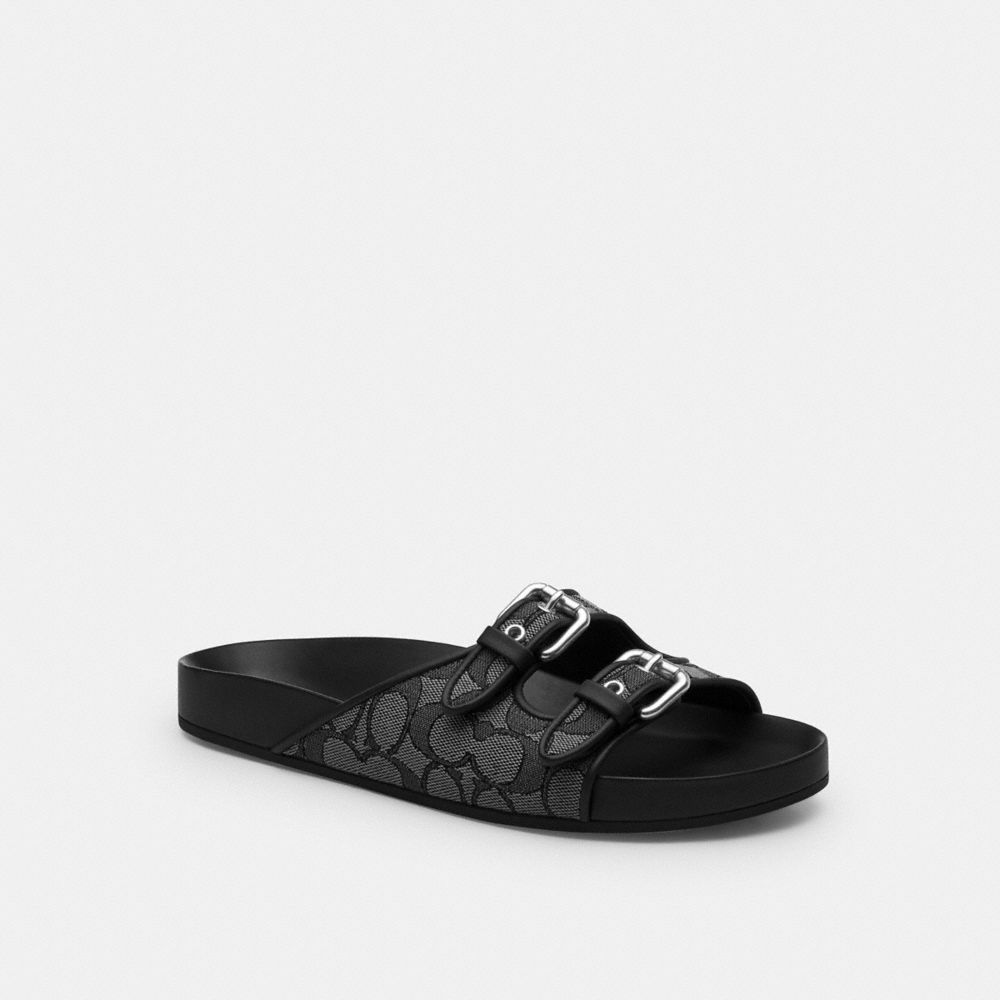 COACH®,Two Band Buckle Sandal In Signature Jacquard,Rubber,Cotton,Recycled Cotton,Recycled Polyester,Polyester,Slides,Fabr...,Black,Front View