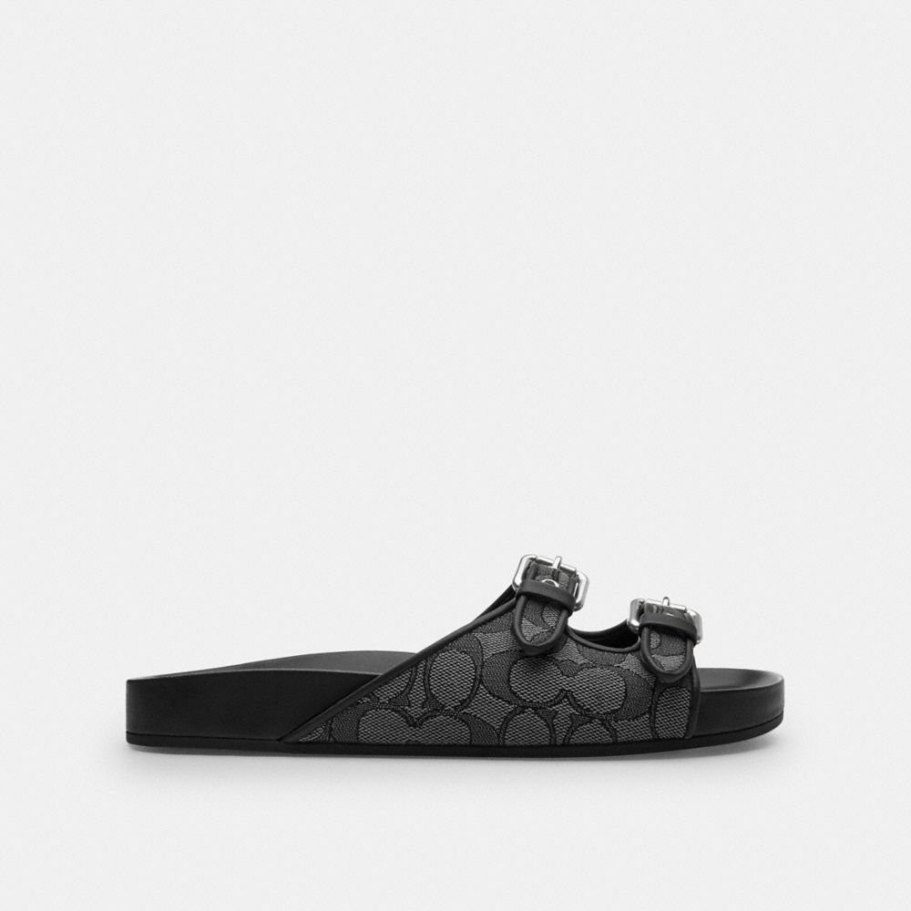COACH®,Two Band Buckle Sandal In Signature Jacquard,Rubber,Cotton,Recycled Cotton,Recycled Polyester,Polyester,Slides,Fabr...,Black,Angle View