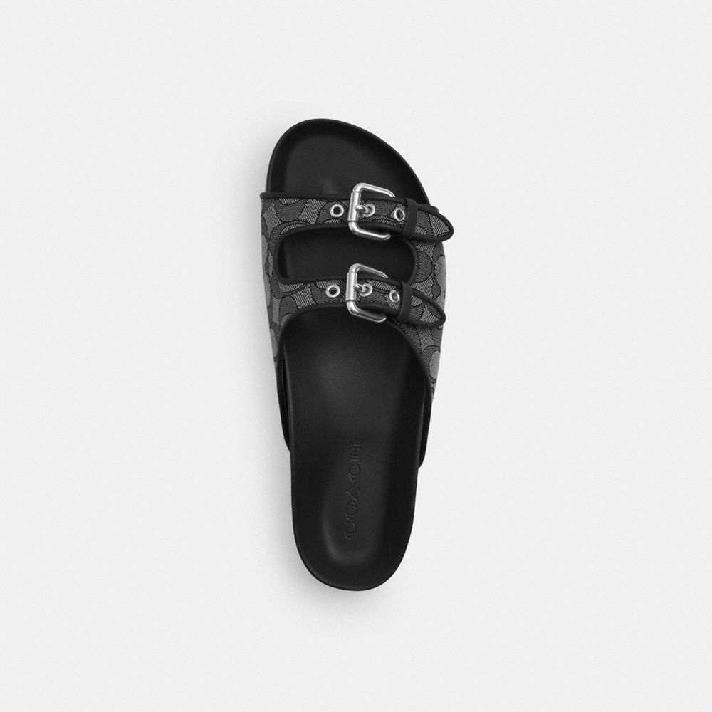 COACH®,Two Band Buckle Sandal In Signature Jacquard,Rubber,Cotton,Recycled Cotton,Recycled Polyester,Polyester,Slides,Fabr...,Black,Inside View,Top View