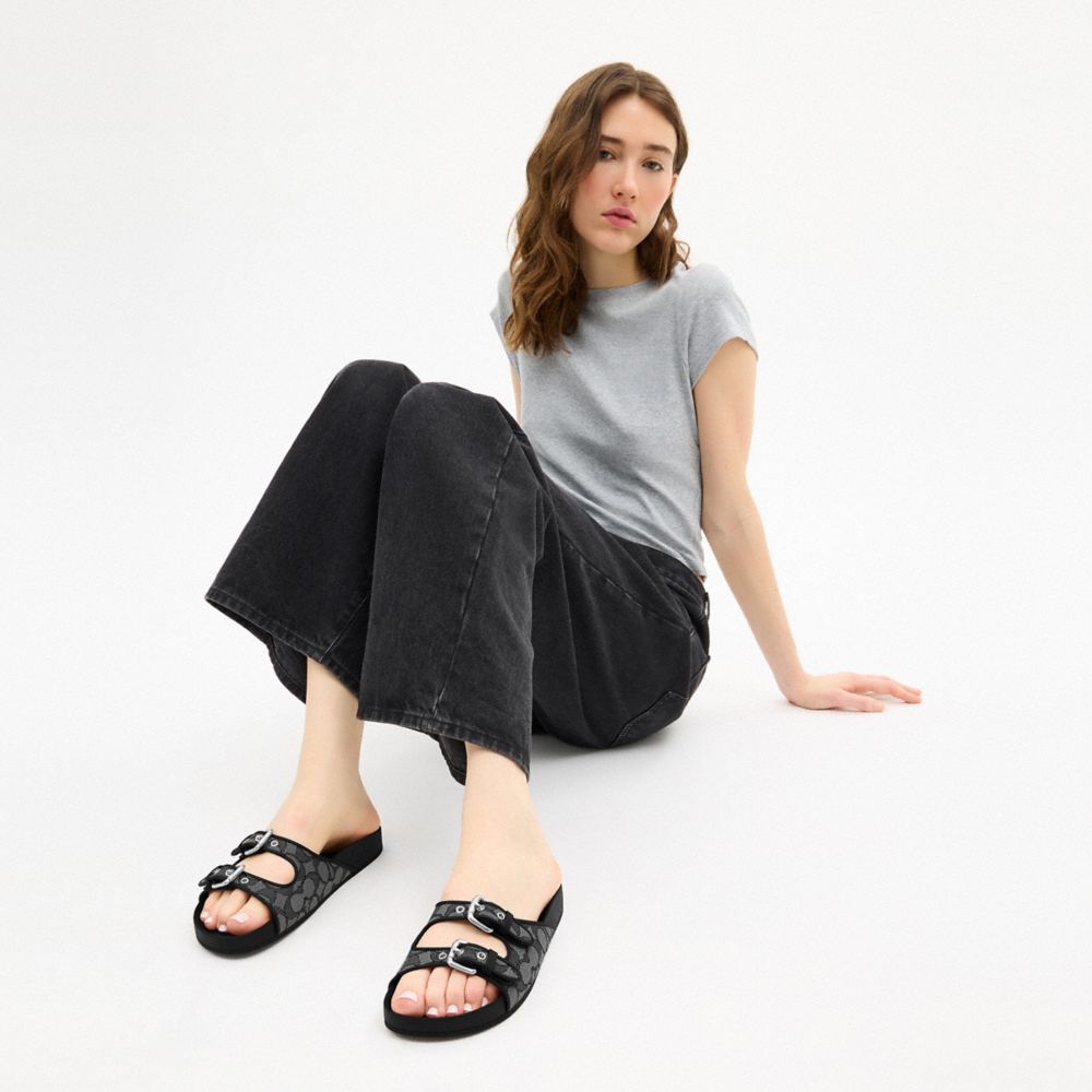 COACH®,Two Band Buckle Sandal In Signature Jacquard,Recycled Polyester,Cotton,Rubber,Polyester,Recycled Cotton,Slides,Fabr...,Black,Detail View