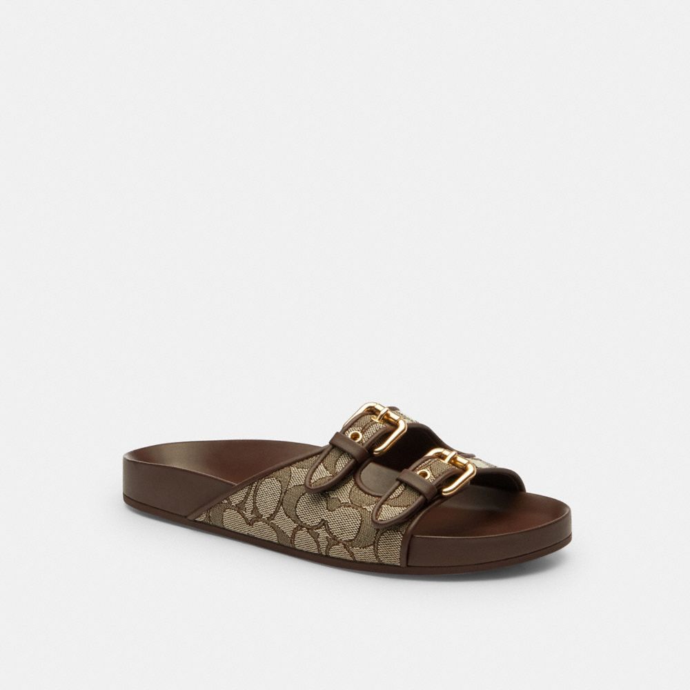 COACH®,Two Band Buckle Sandal In Signature Jacquard,Rubber,Cotton,Recycled Cotton,Recycled Polyester,Polyester,Slides,Fabr...,Multi Color,Front View