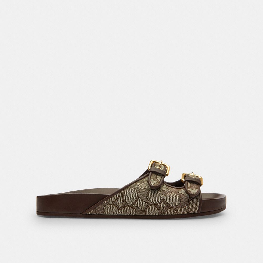 COACH®,Two Band Buckle Sandal In Signature Jacquard,Rubber,Cotton,Recycled Cotton,Recycled Polyester,Polyester,Slides,Fabr...,Multi Color,Angle View