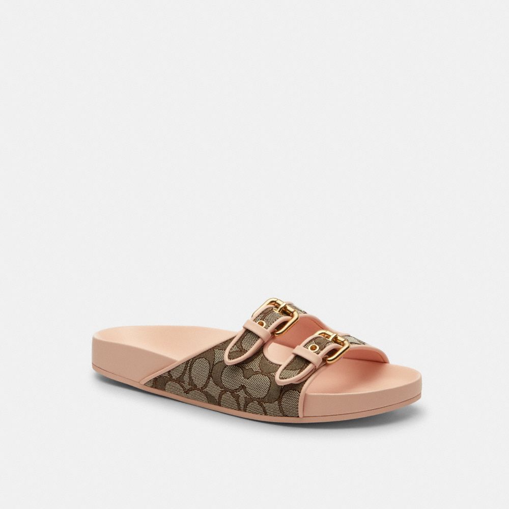 COACH®,Two Band Buckle Sandal In Signature Jacquard,Rubber,Cotton,Recycled Cotton,Recycled Polyester,Polyester,Slides,Fabr...,Multi Color,Front View
