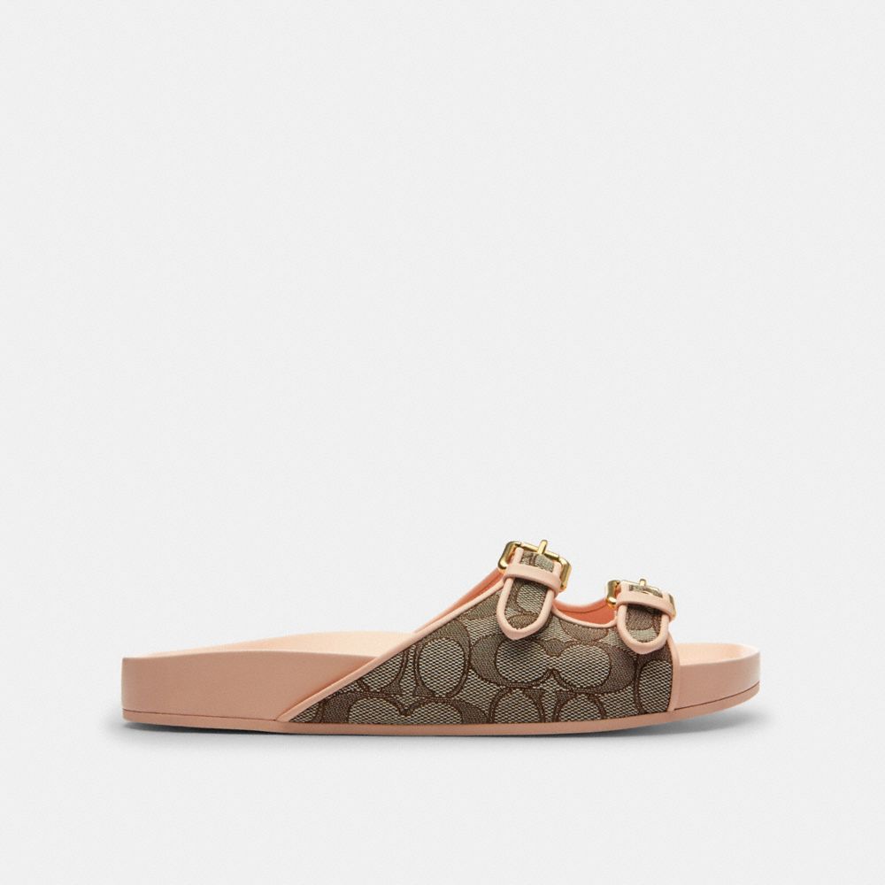 COACH®,Two Band Buckle Sandal In Signature Jacquard,Rubber,Cotton,Recycled Cotton,Recycled Polyester,Polyester,Slides,Fabr...,Multi Color,Angle View