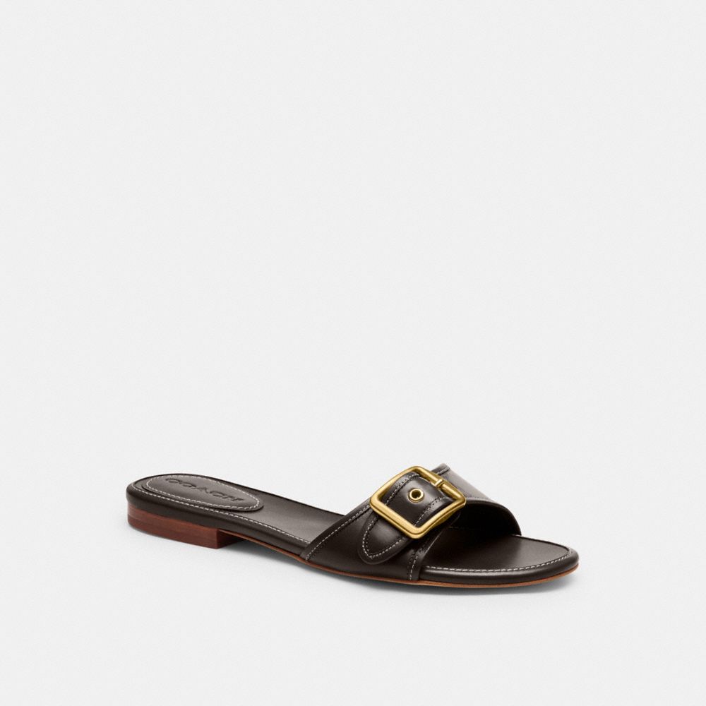 COACH®,Margot Flat Sandal,Synthetic,Leather,Slides,Fabric,Plastic,Pull Tab,Casual,Brown,Front View