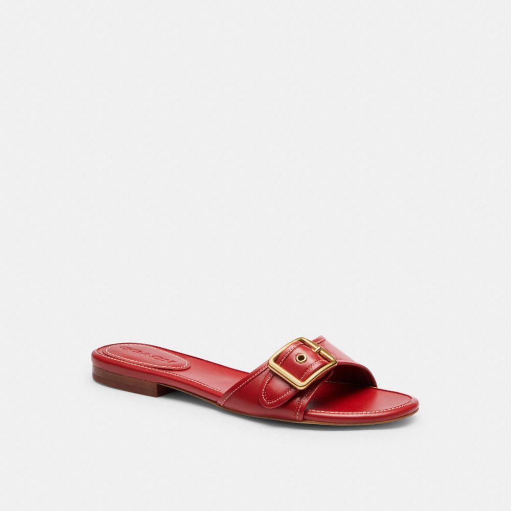 COACH®,Margot Flat Sandal,Synthetic,Leather,Slides,Fabric,Plastic,Pull Tab,Casual,Red,Front View