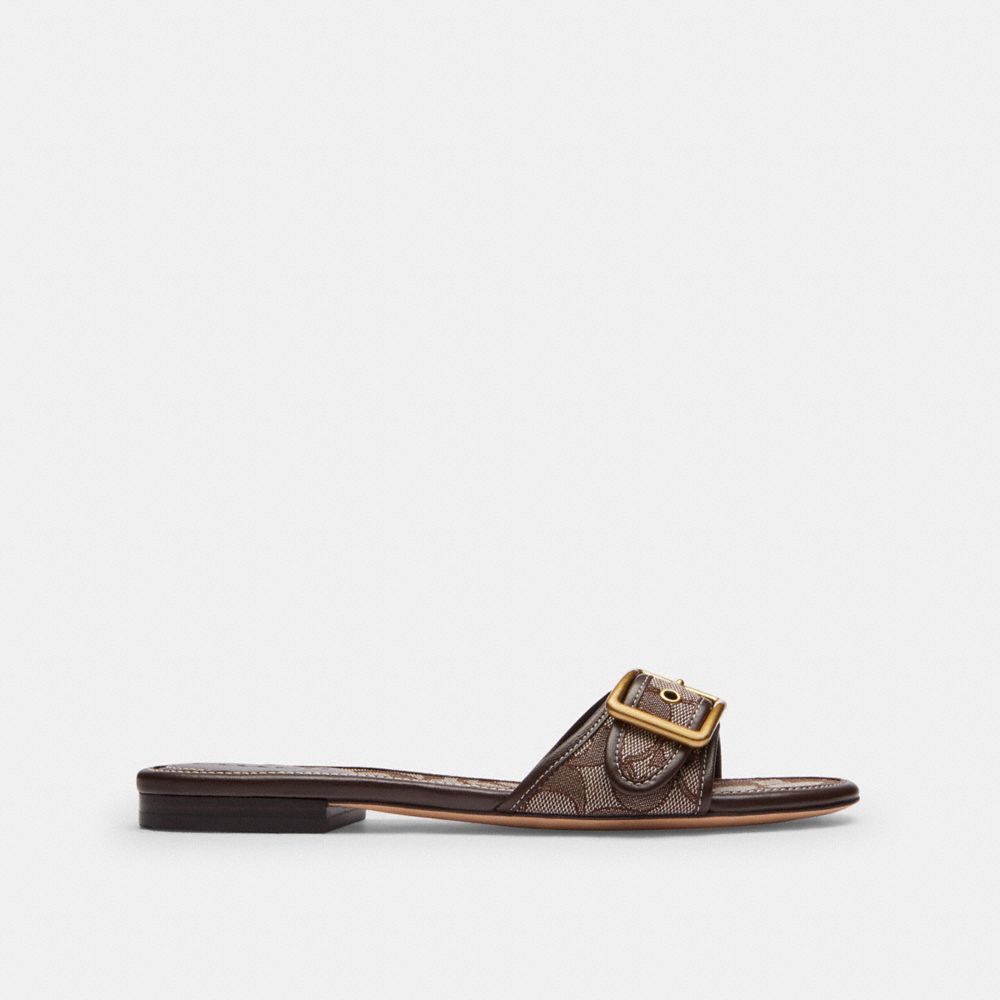 COACH®,Margot Flat Sandal In Signature Jacquard,,Angle View