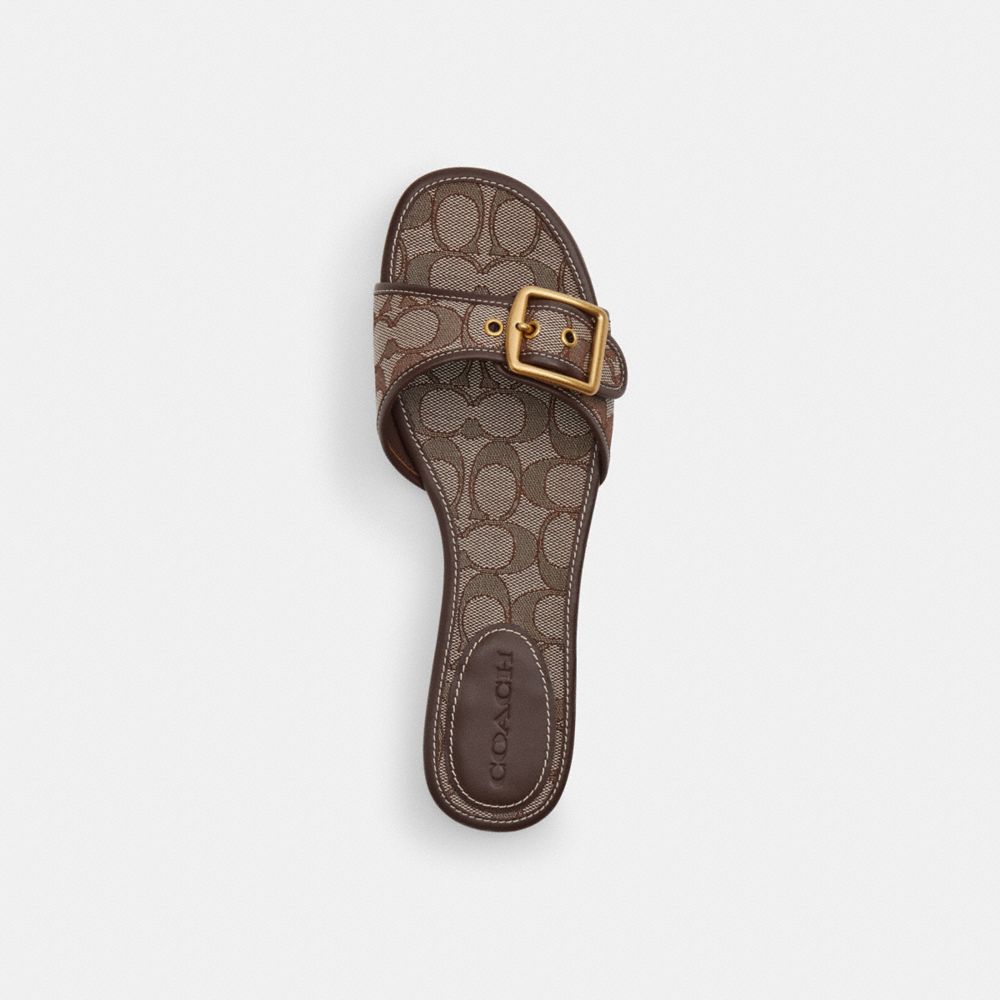 COACH®,Margot Flat Sandal In Signature Jacquard,Cotton,Recycled Polyester,Slides,Fabric,Logo,Piping,Sustainable,Flexible,C...,Brown,Inside View,Top View