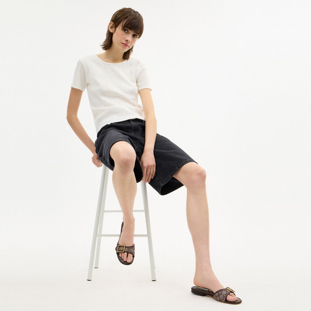 COACH®,Margot Flat Sandal In Signature Jacquard,Cotton,Recycled Polyester,Slides,Fabric,Logo,Piping,Sustainable,Flexible,C...,Brown,Detail View