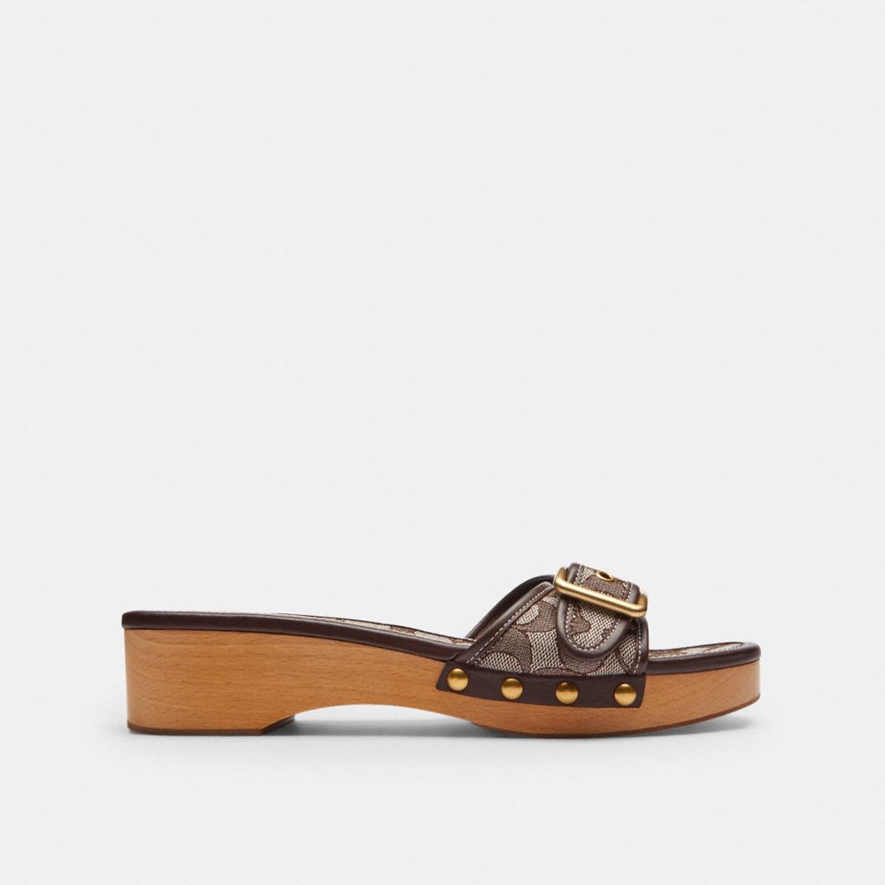COACH®,Margot Wooden Sandal In Signature Jacquard,Cotton,Rubber,Recycled Polyester,Leather,Clogs,Slides,Fabric,Wood,Studde...,Brown,Angle View