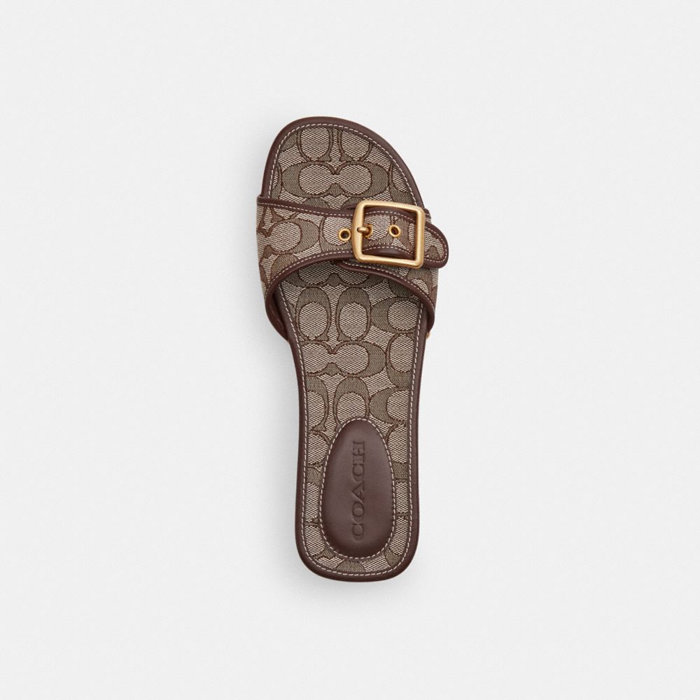COACH®,Margot Wooden Sandal In Signature Jacquard,Cotton,Rubber,Recycled Polyester,Leather,Clogs,Slides,Fabric,Wood,Studde...,Brown,Inside View,Top View