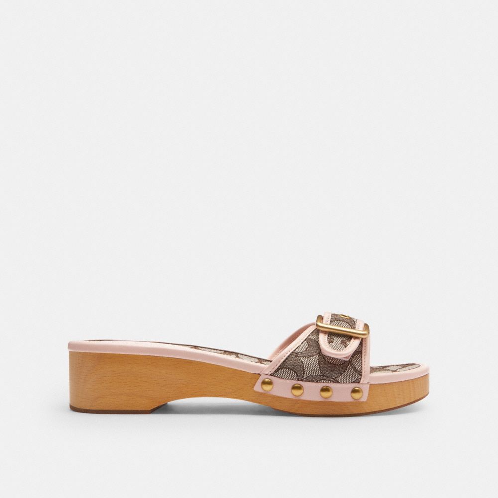 COACH®,Margot Wooden Sandal In Signature Jacquard,Cotton,Rubber,Recycled Polyester,Leather,Clogs,Slides,Fabric,Wood,Studde...,Brown,Angle View
