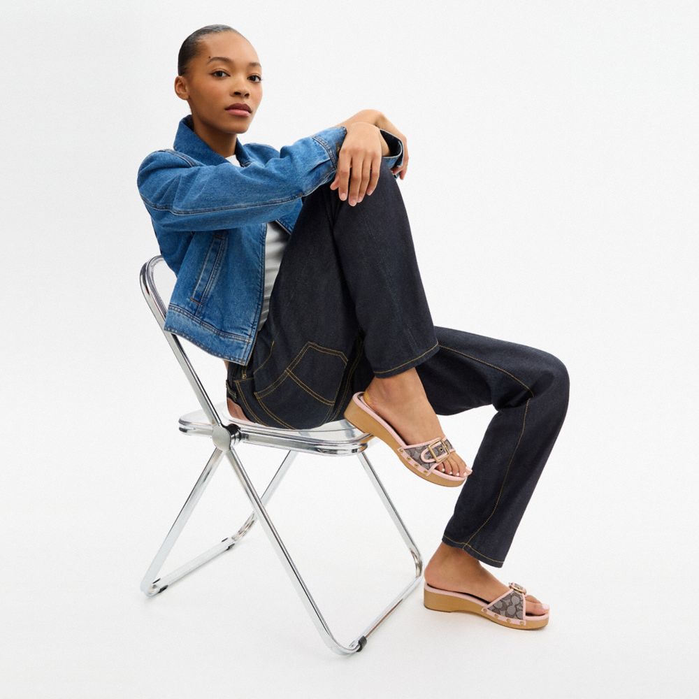 COACH®,Margot Wooden Sandal In Signature Jacquard,Leather,Recycled Polyester,Rubber,Cotton,Slides,Clogs,Fabric,Wood,Logo,P...,Brown,Detail View