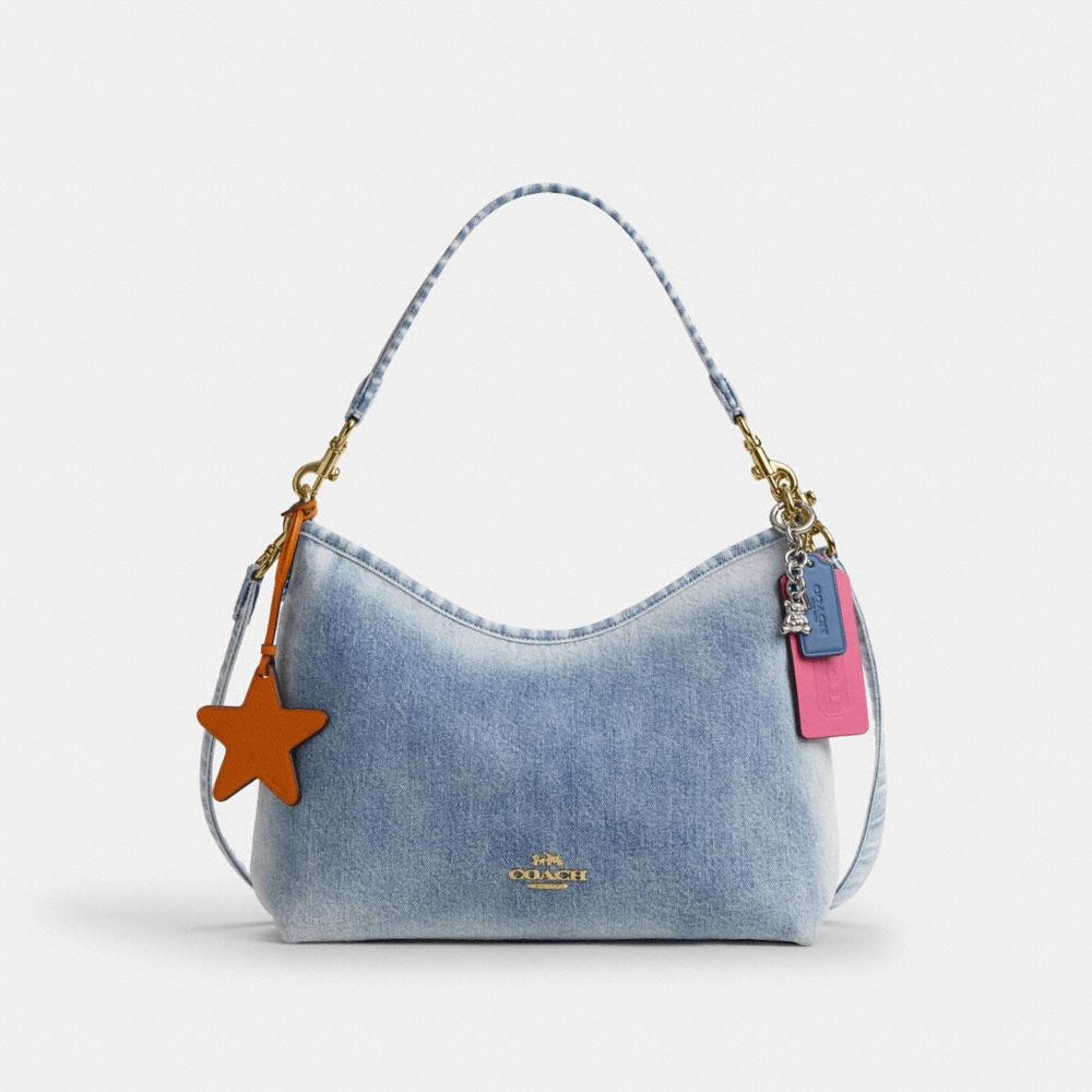 COACH®,Laurel Shoulder Bag In Loved Denim With Charms,Leather,Cotton,Recycled Polyester,Denim,Shoulder Bag,Logo,Metal,Pend...,Blue,Front View