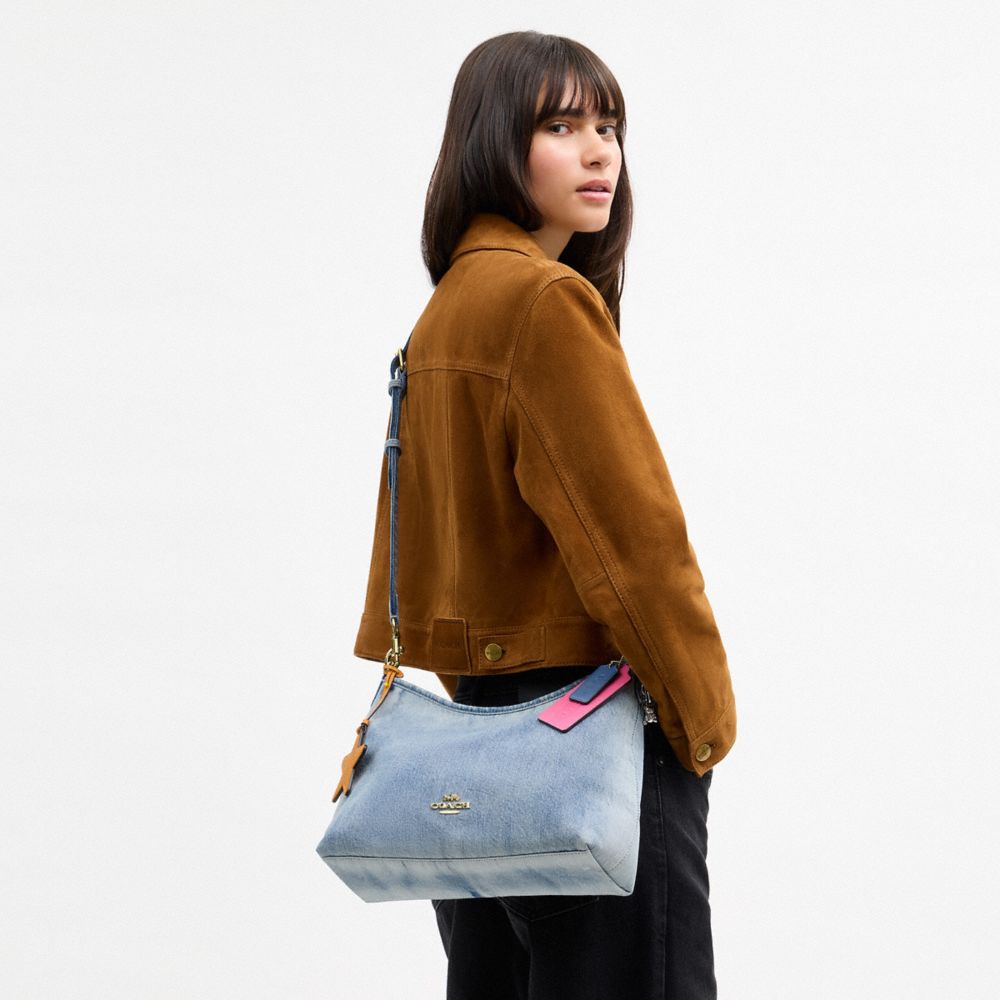 COACH®,Laurel Shoulder Bag In Loved Denim With Charms,Leather,Cotton,Recycled Polyester,Denim,Shoulder Bag,Logo,Metal,Pend...,Blue