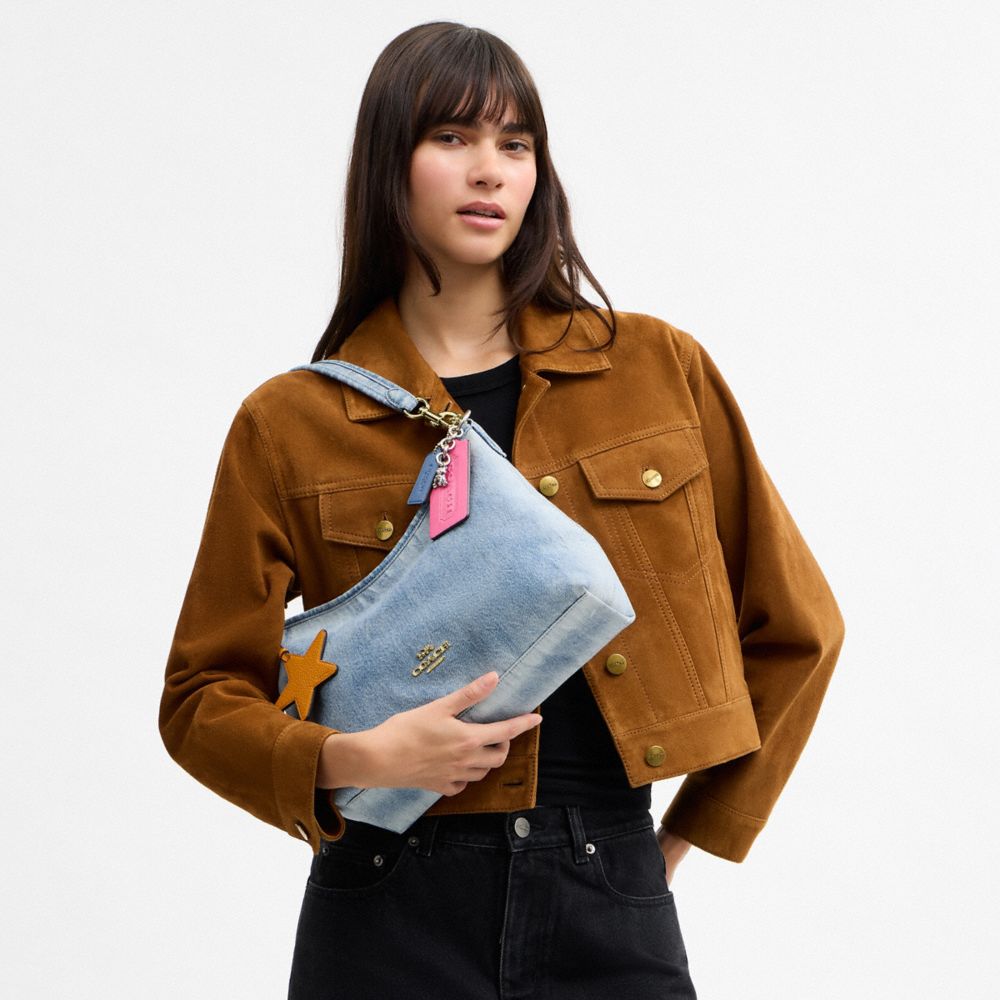 COACH®,Laurel Shoulder Bag In Loved Denim With Charms,Leather,Cotton,Recycled Polyester,Denim,Shoulder Bag,Logo,Metal,Pend...,Blue,Detail View