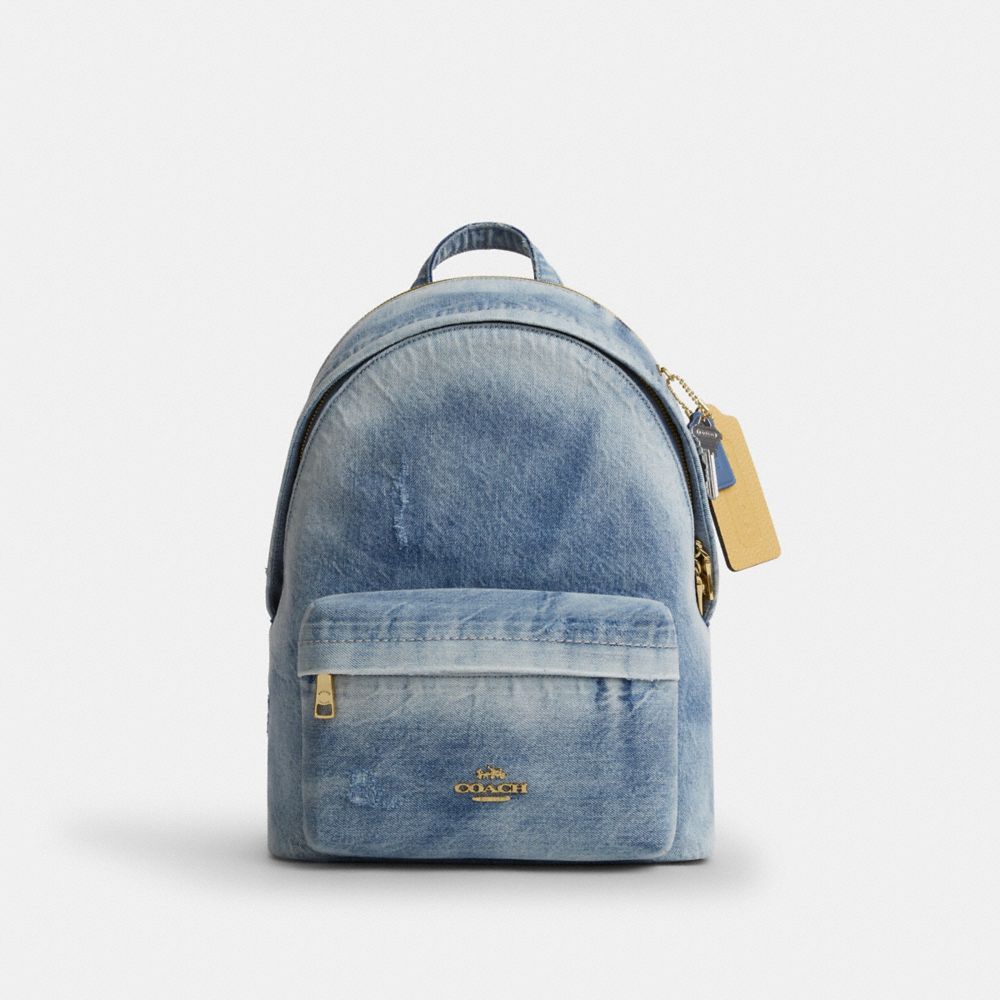 COACH®,Taylor Small Backpack In Loved Denim,Polyester,Leather,Cotton,Backpack,Metal,Logo,Padded,Lined,Adjustable,Gold Plat...,Blue,Front View