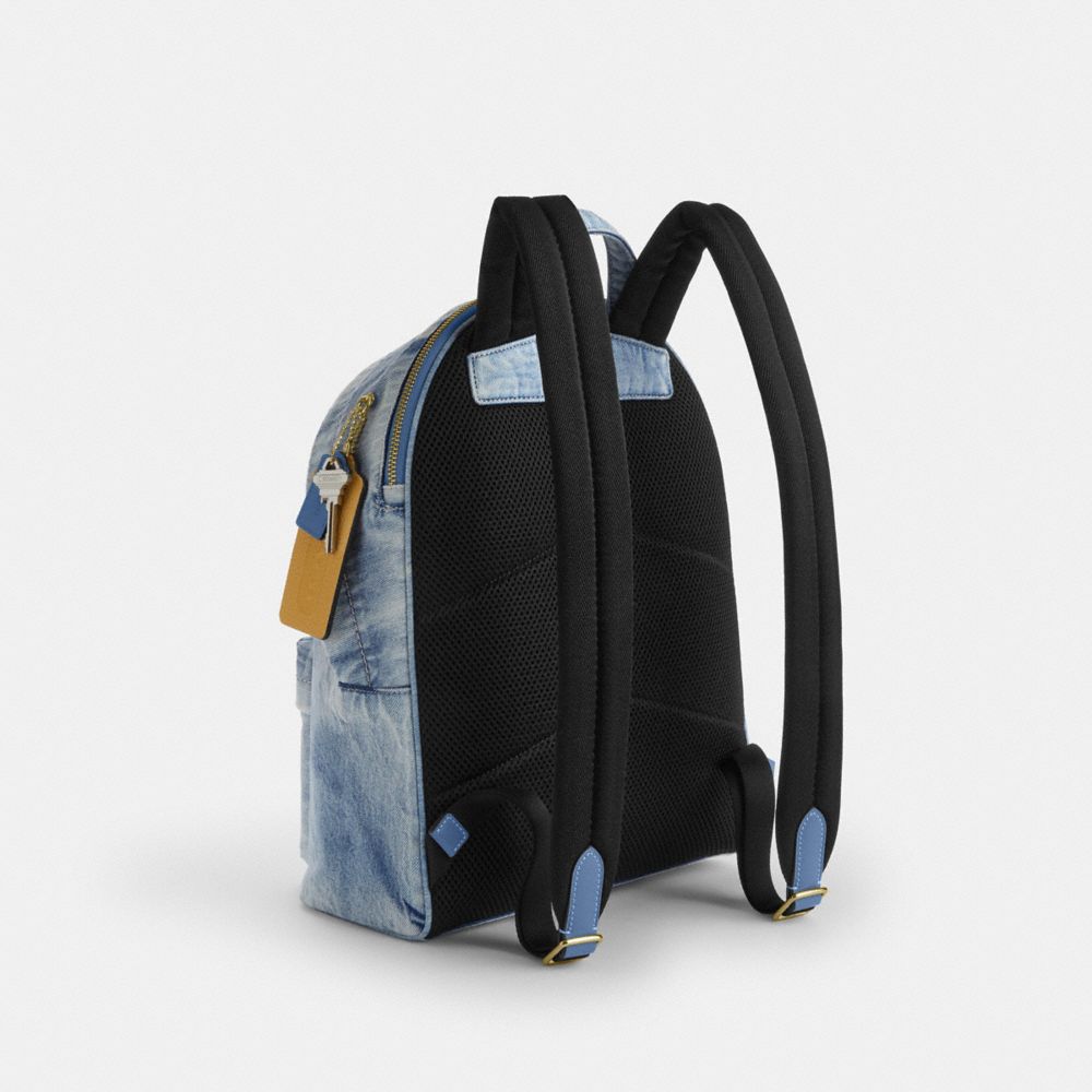 COACH®,Taylor Small Backpack In Loved Denim,Polyester,Leather,Cotton,Backpack,Metal,Logo,Padded,Lined,Adjustable,Gold Plat...,Blue,Angle View
