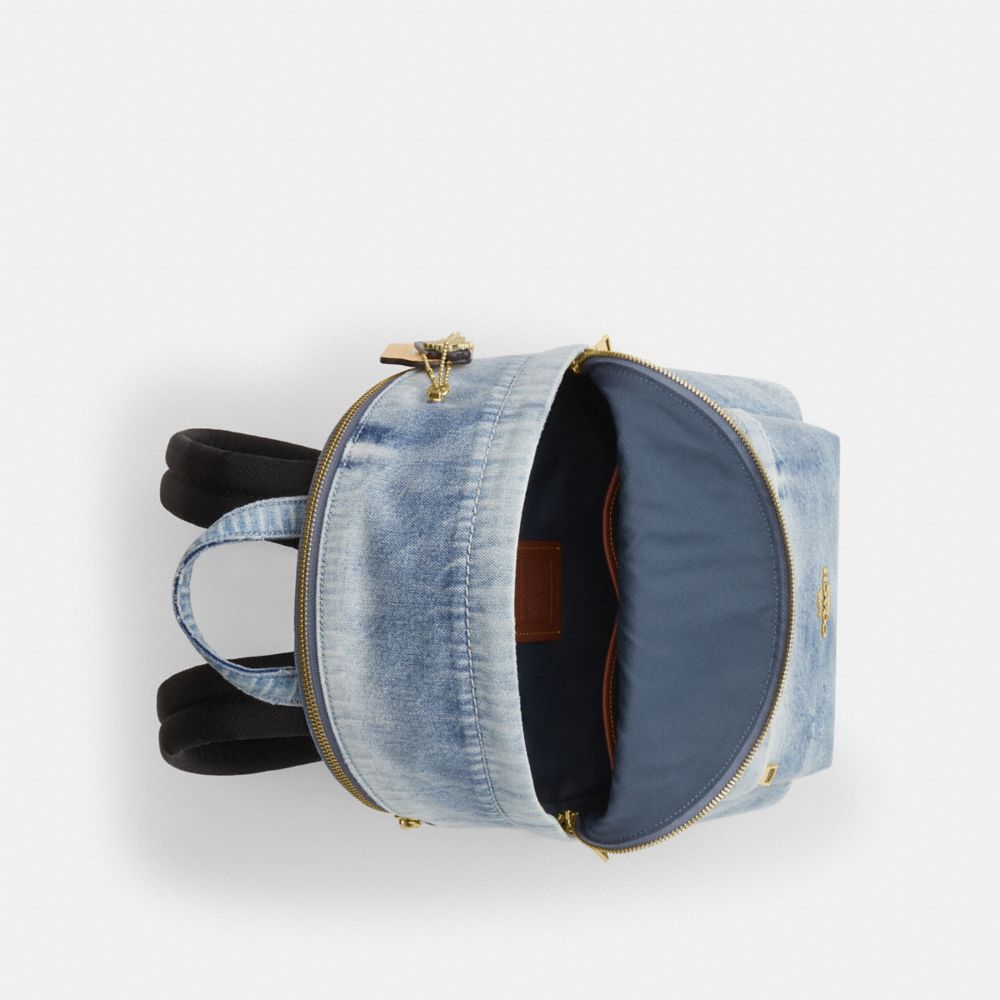 COACH®,Taylor Small Backpack In Loved Denim,Polyester,Leather,Cotton,Backpack,Metal,Logo,Padded,Lined,Adjustable,Gold Plat...,Blue,Inside View,Top View