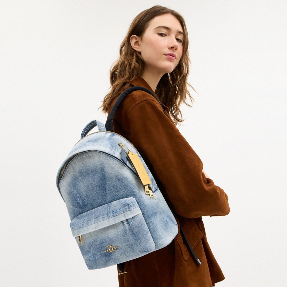 COACH®,Taylor Small Backpack In Loved Denim,Polyester,Leather,Cotton,Backpack,Metal,Logo,Padded,Lined,Adjustable,Gold Plat...,Blue,Detail View