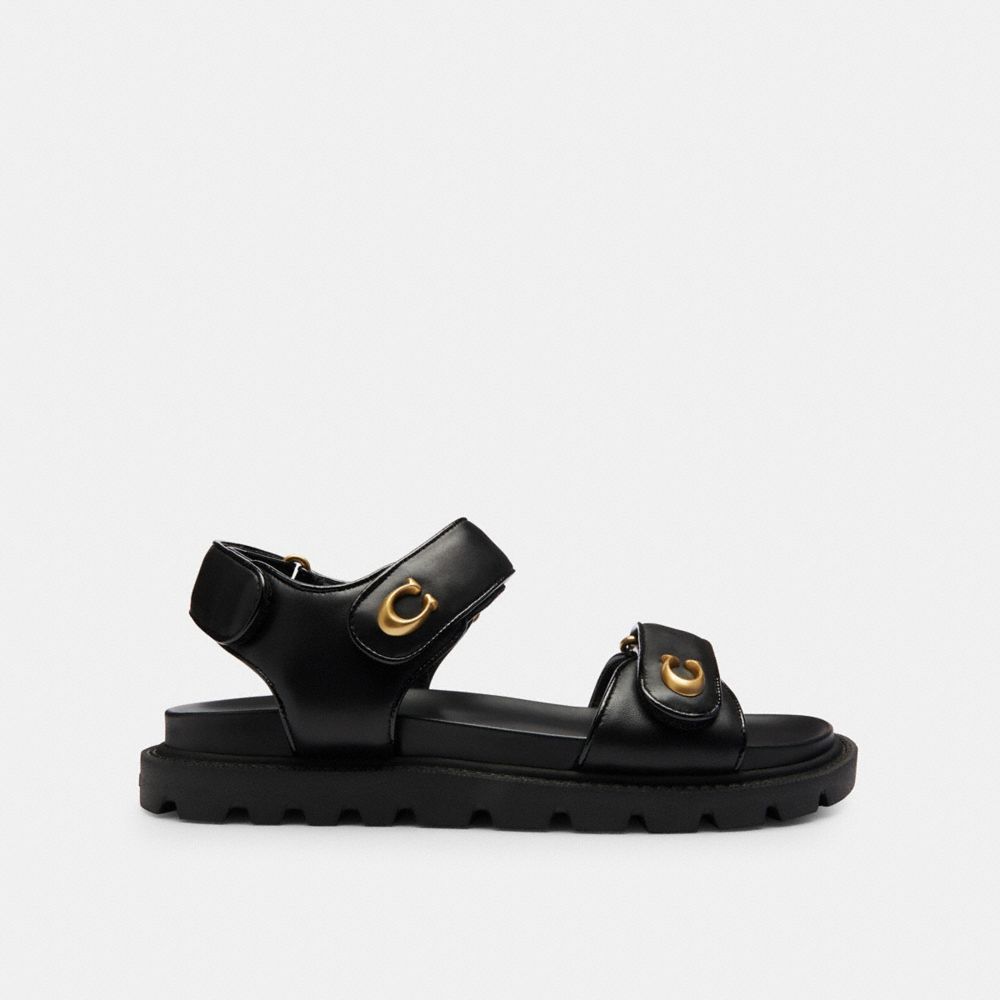 COACH®,Brynn Sandal,Leather,Lining EVA,EVA,Lining Leather,Sandals,Logo,Metal,Pull Tab,Casual,Black,Angle View