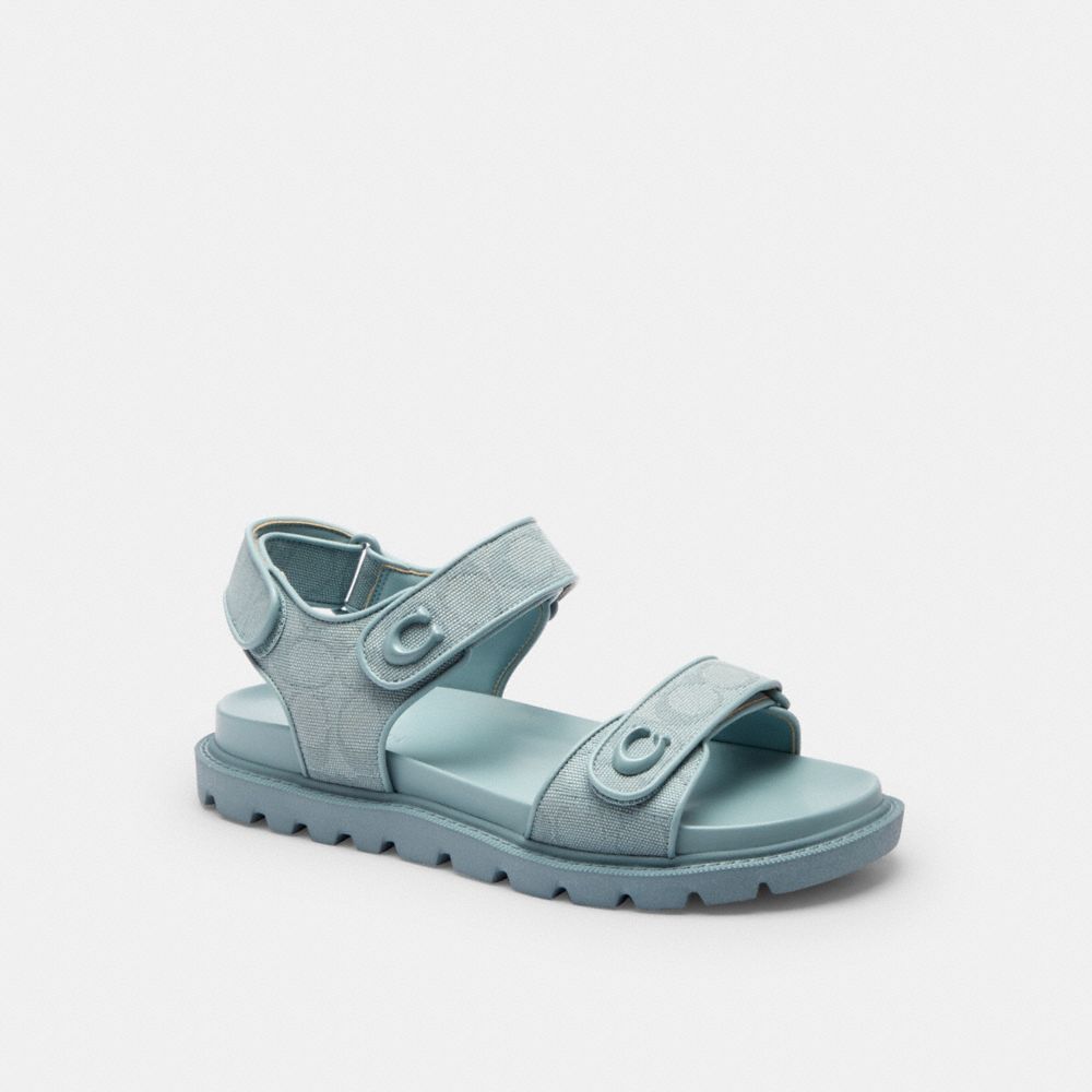 COACH®,Brynn Sandal In Signature Canvas,Leather,EVA,Canvas,Sandals,Metal,Logo,Pull Tab,Casual,Blue,Front View