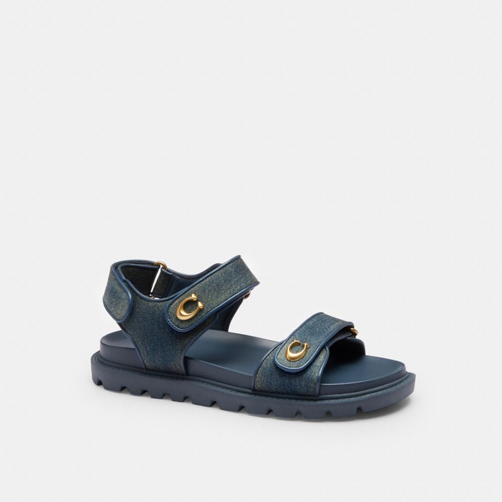 COACH®,Brynn Sandal In Loved Denim,Rubber,EVA,Denim,Sandals,Fabric,Logo,Metal,Pull Tab,Padded Insole,Flexible Insole,Casual,Navy,Front View