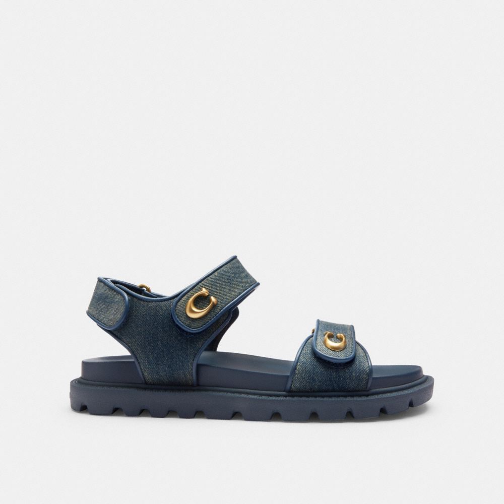 COACH®,Brynn Sandal In Loved Denim,Rubber,EVA,Denim,Sandals,Fabric,Logo,Metal,Pull Tab,Padded Insole,Flexible Insole,Casual,Navy,Angle View