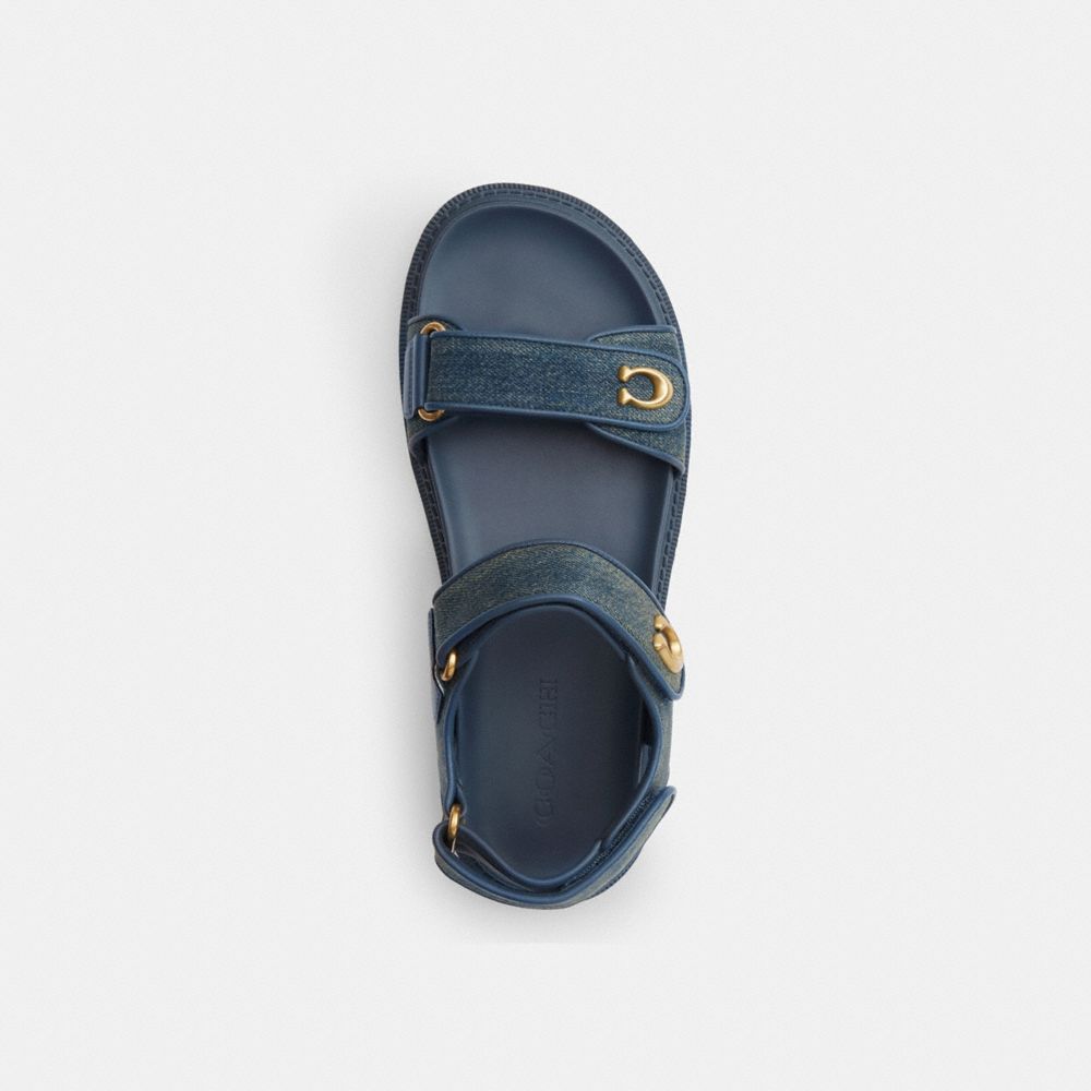 COACH®,Brynn Sandal In Loved Denim,Rubber,EVA,Denim,Sandals,Fabric,Logo,Metal,Pull Tab,Padded Insole,Flexible Insole,Casual,Navy,Inside View,Top View