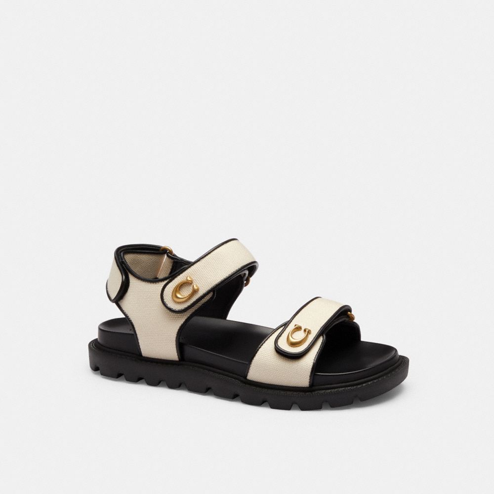 COACH&reg;,Brynn Sandal,Canvas,EVA,Leather,Sandals,Logo,Metal,Piping,Pull Tab,Casual,Cream,Front View