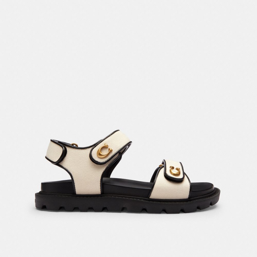 COACH®,Brynn Sandal,Canvas,EVA,Leather,Sandals,Logo,Metal,Piping,Pull Tab,Casual,Cream,Angle View