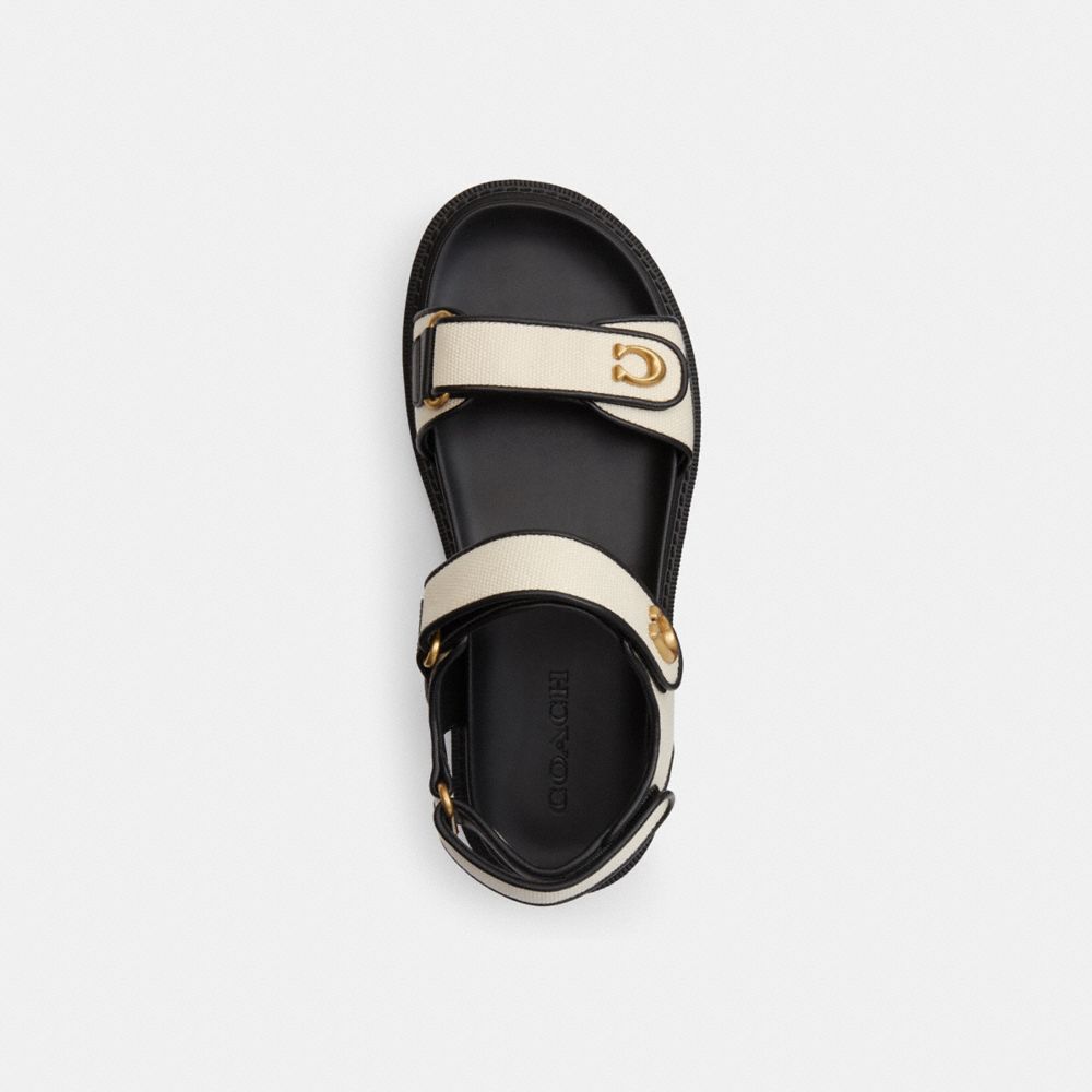 COACH®,Brynn Sandal,Rubber,EVA,Faux Leather,Canvas,Sandals,Fabric,Foam,Piping,Metal,Logo,Pull Tab,Flexible Insole,Padded I...,Cream,Inside View,Top View