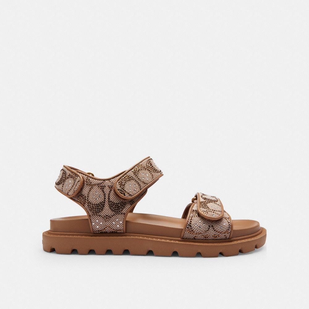 COACH®,Brynn Sandal In Crystal Signature Jacquard,EVA,Faux Leather,Sandals,Fabric,Gem Embellishment,Logo,Pull Tab,Casual,Brown,Angle View