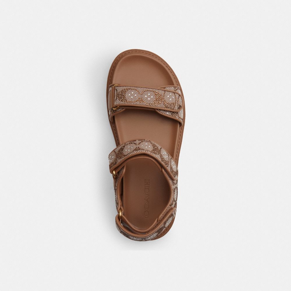 COACH®,Brynn Sandal In Crystal Signature Jacquard,EVA,Faux Leather,Sandals,Fabric,Gem Embellishment,Logo,Pull Tab,Casual,Brown,Inside View,Top View