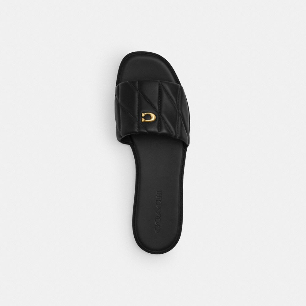 COACH®,Holly Sandal With Quilting,Lining Leather,Rubber,Leather,Lining Rubber,Slides,Logo,Metal,Casual,Black,Inside View,Top View