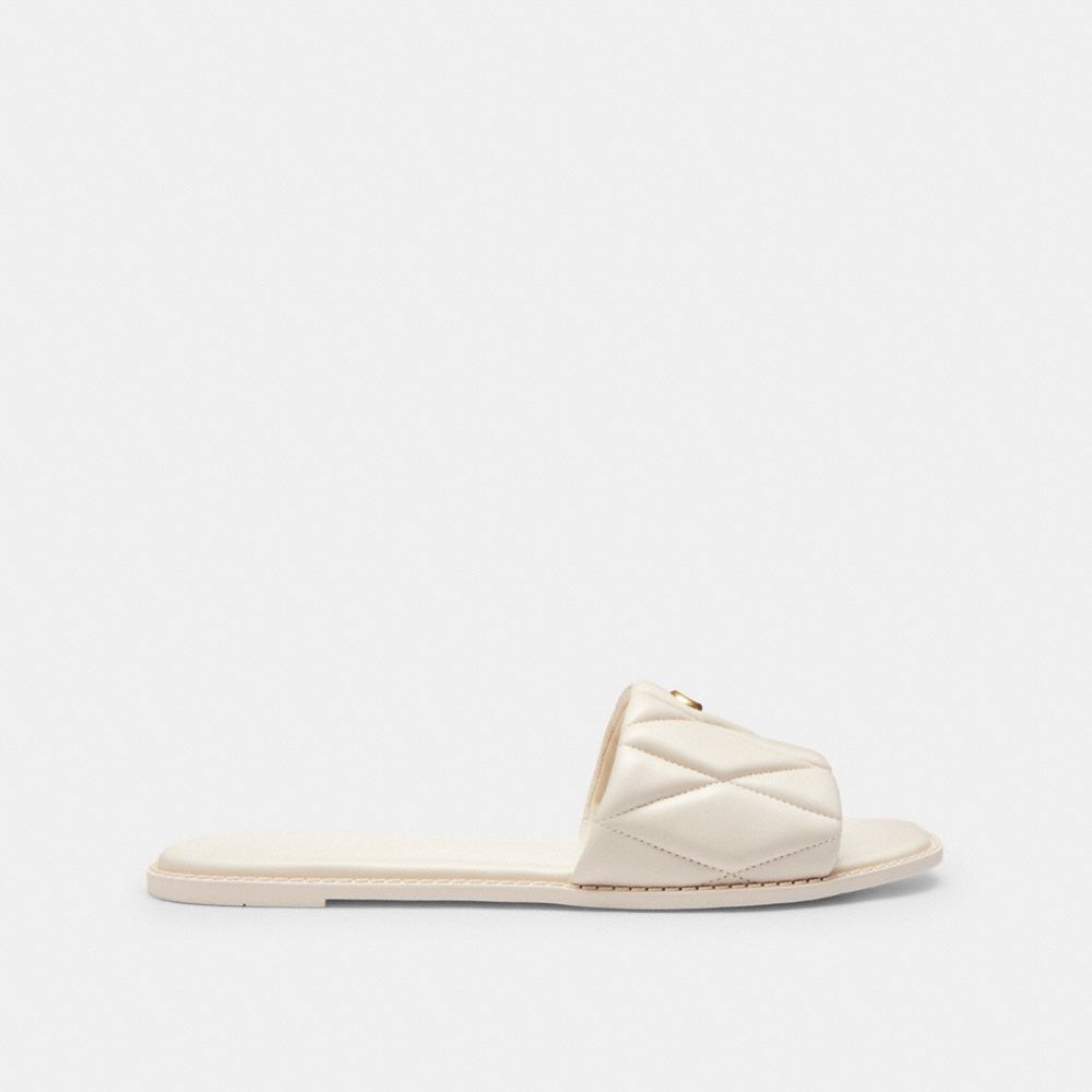 COACH®,Holly Sandal With Quilting,Lining Leather,Rubber,Leather,Lining Rubber,Slides,Logo,Metal,Casual,Cream,Angle View