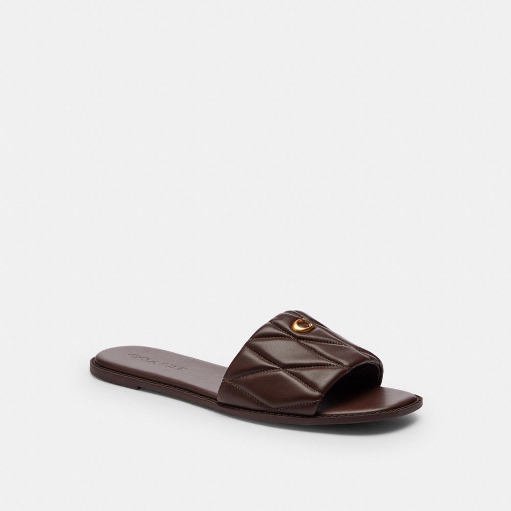 COACH®,Holly Sandal With Quilting,Lining Leather,Rubber,Leather,Lining Rubber,Slides,Logo,Metal,Casual,Brown,Front View