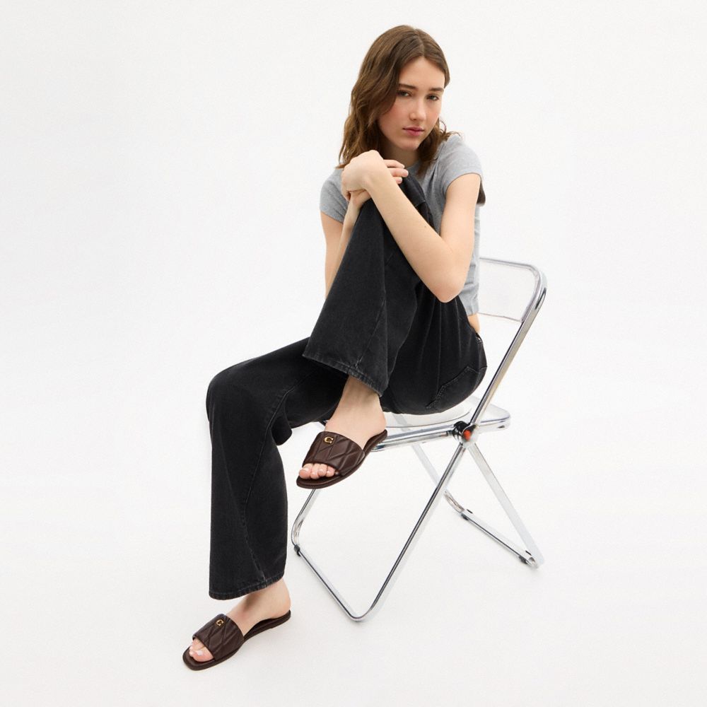 COACH®,Holly Sandal With Quilting,Rubber,Lining Rubber,Lining Leather,Leather,Slides,Metal,Logo,Traction,Cushioned,Casual,Brown,Detail View